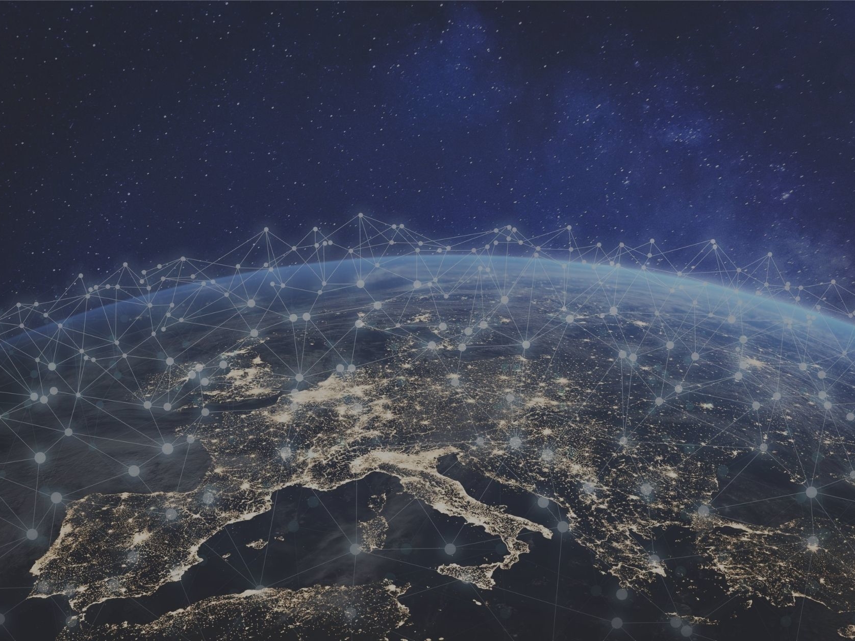 A view of Europe from space, with connecting lines to depict blockchain